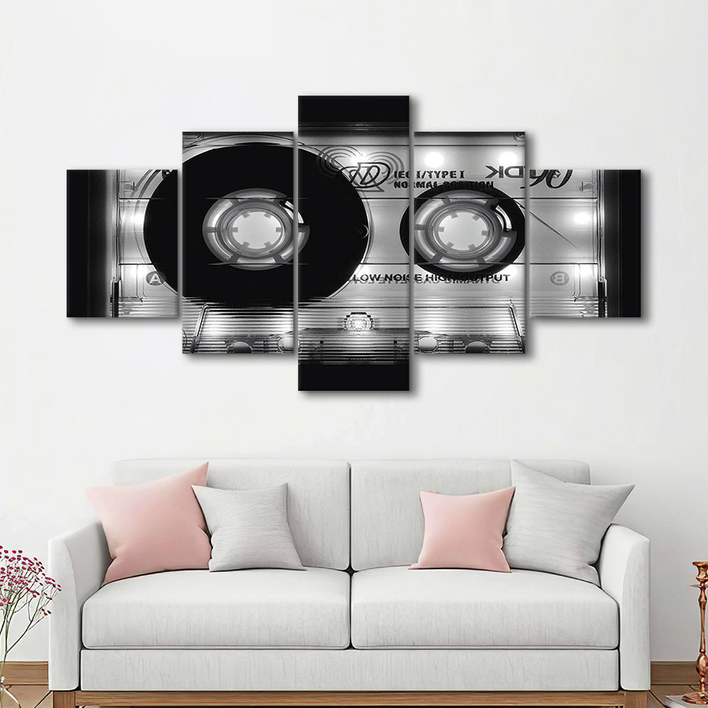 Shining Audio Cassette Canvas Print,Monochromatic Music Wall Decor,Black and White Art, 5 Piece Large Cavas Print Wall Art