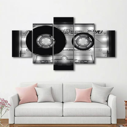 Shining Audio Cassette Canvas Print,Monochromatic Music Wall Decor,Black and White Art, 5 Piece Large Cavas Print Wall Art