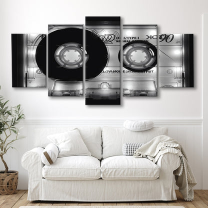 Shining Audio Cassette Canvas Print,Monochromatic Music Wall Decor,Black and White Art, 5 Piece Large Cavas Print Wall Art