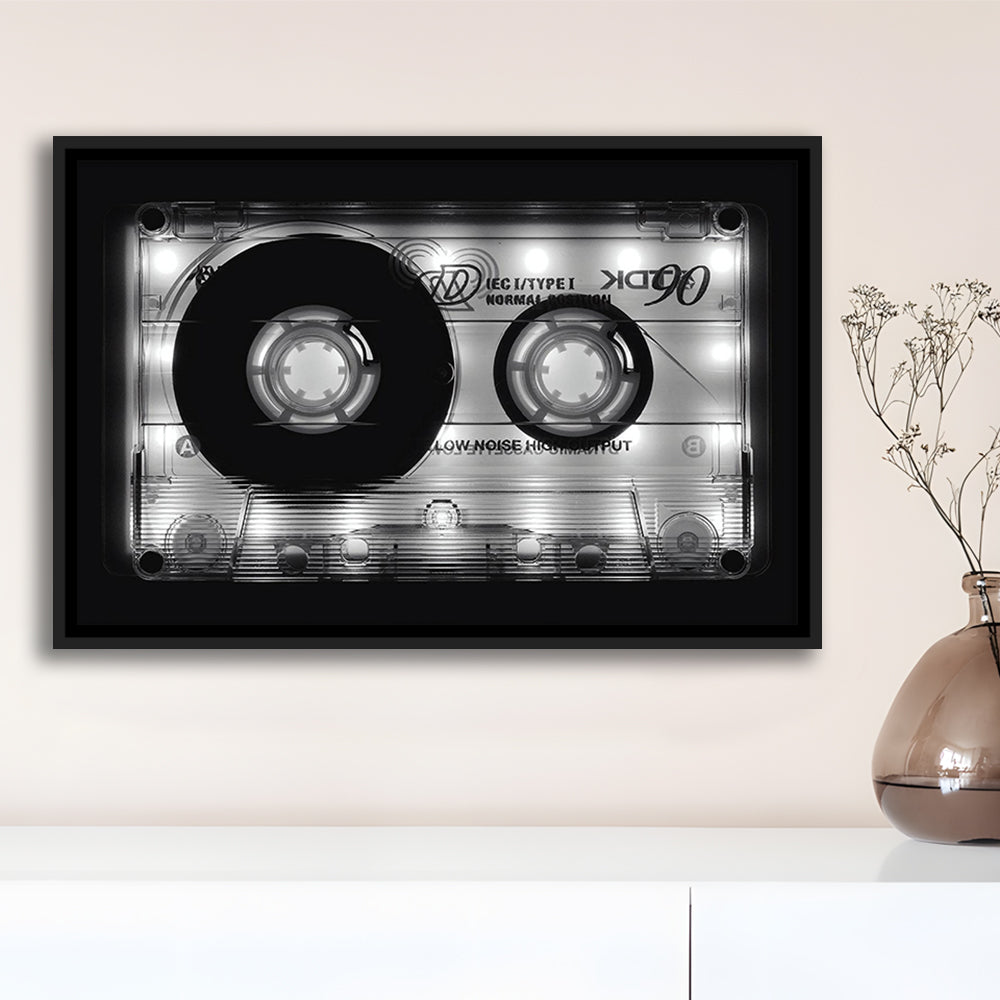 Shining Audio Cassette Canvas Print,Monochromatic Music Wall Decor,Black And White, Framed Cavas Print, Floating Frame