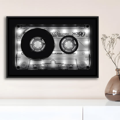 Shining Audio Cassette Canvas Print,Monochromatic Music Wall Decor,Black And White, Framed Cavas Print, Floating Frame