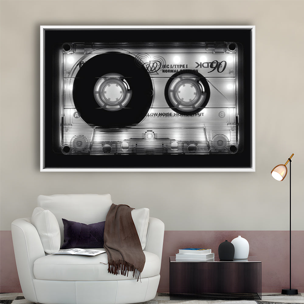 Shining Audio Cassette Canvas Print,Monochromatic Music Wall Decor,Black And White, Framed Cavas Print, Floating Frame