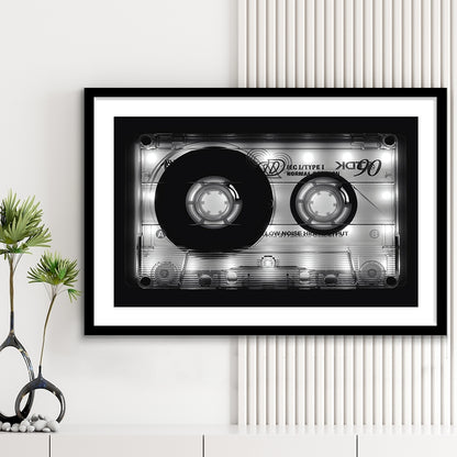 Shining Audio Cassette Art Print,Monochromatic Music Wall Decor,Black And White Art, Framed Art Print White Border