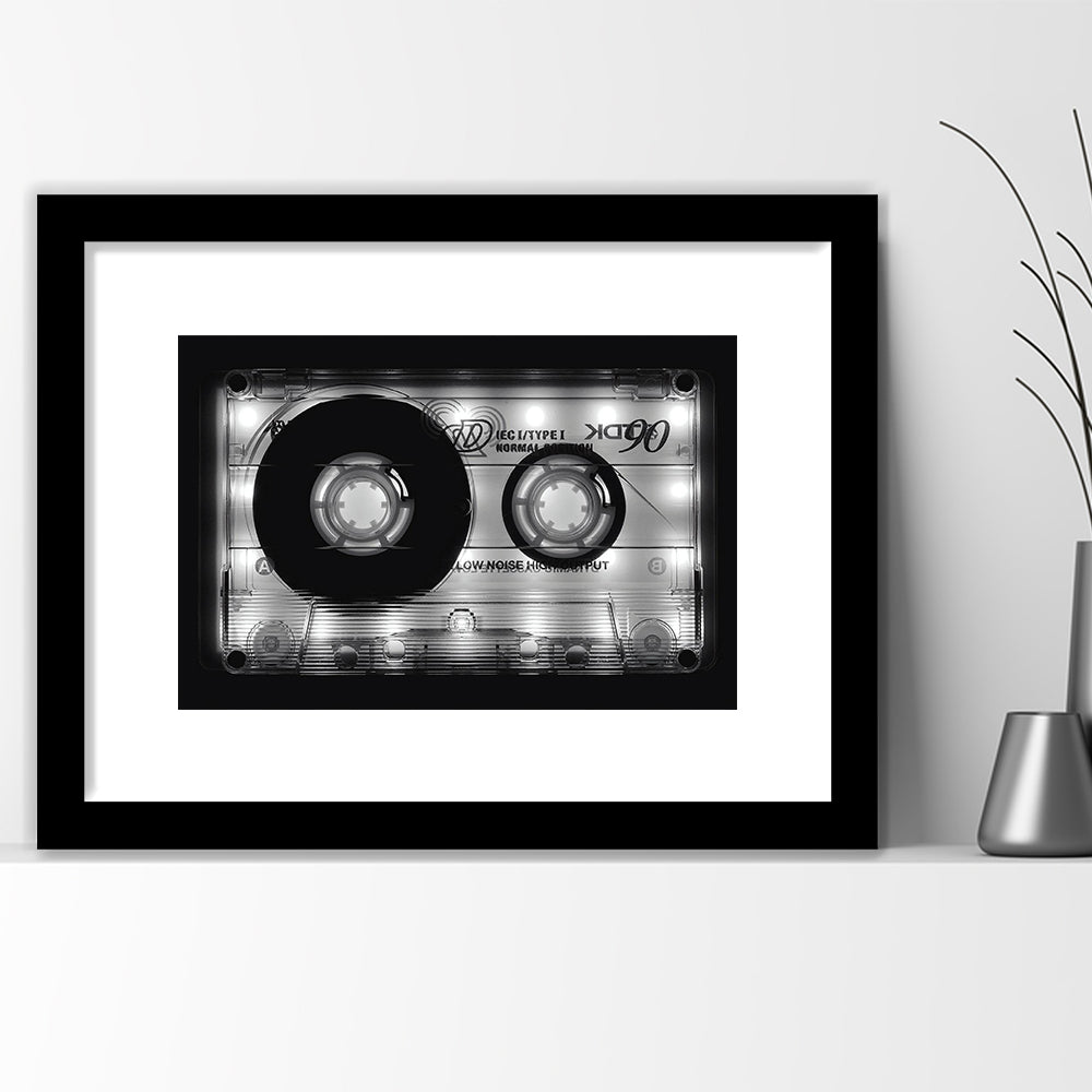 Shining Audio Cassette Art Print,Monochromatic Music Wall Decor,Black And White Art, Framed Art Print White Border