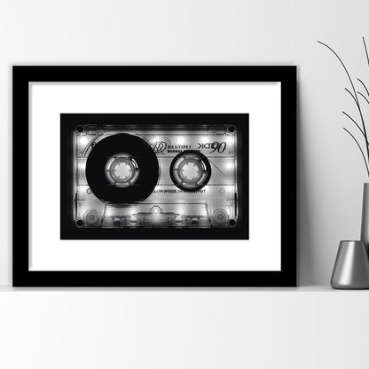 Shining Audio Cassette Art Print,Monochromatic Music Wall Decor,Black And White Art, Framed Art Print White Border