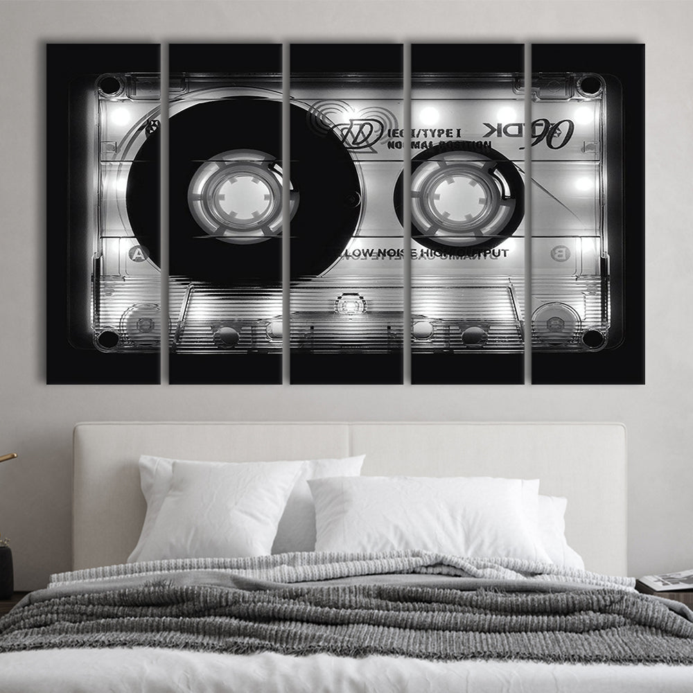 Shining Audio Cassette Canvas Print,Music Wall Decor,Black and White, 5 Piece B Extra Large Cavas Print Wall Art Decor