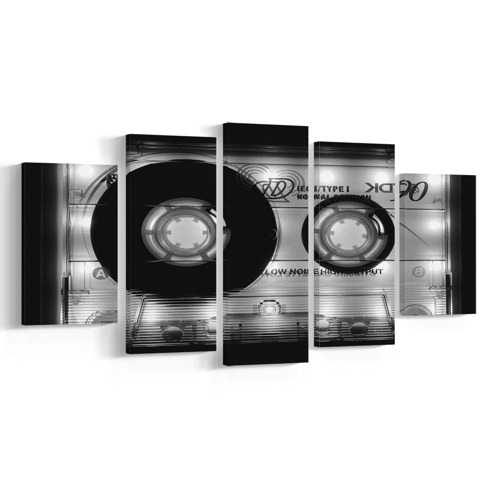 Shining Audio Cassette Canvas Print,Monochromatic Music Wall Decor,Black and White Art, 5 Piece Large Cavas Print Wall Art