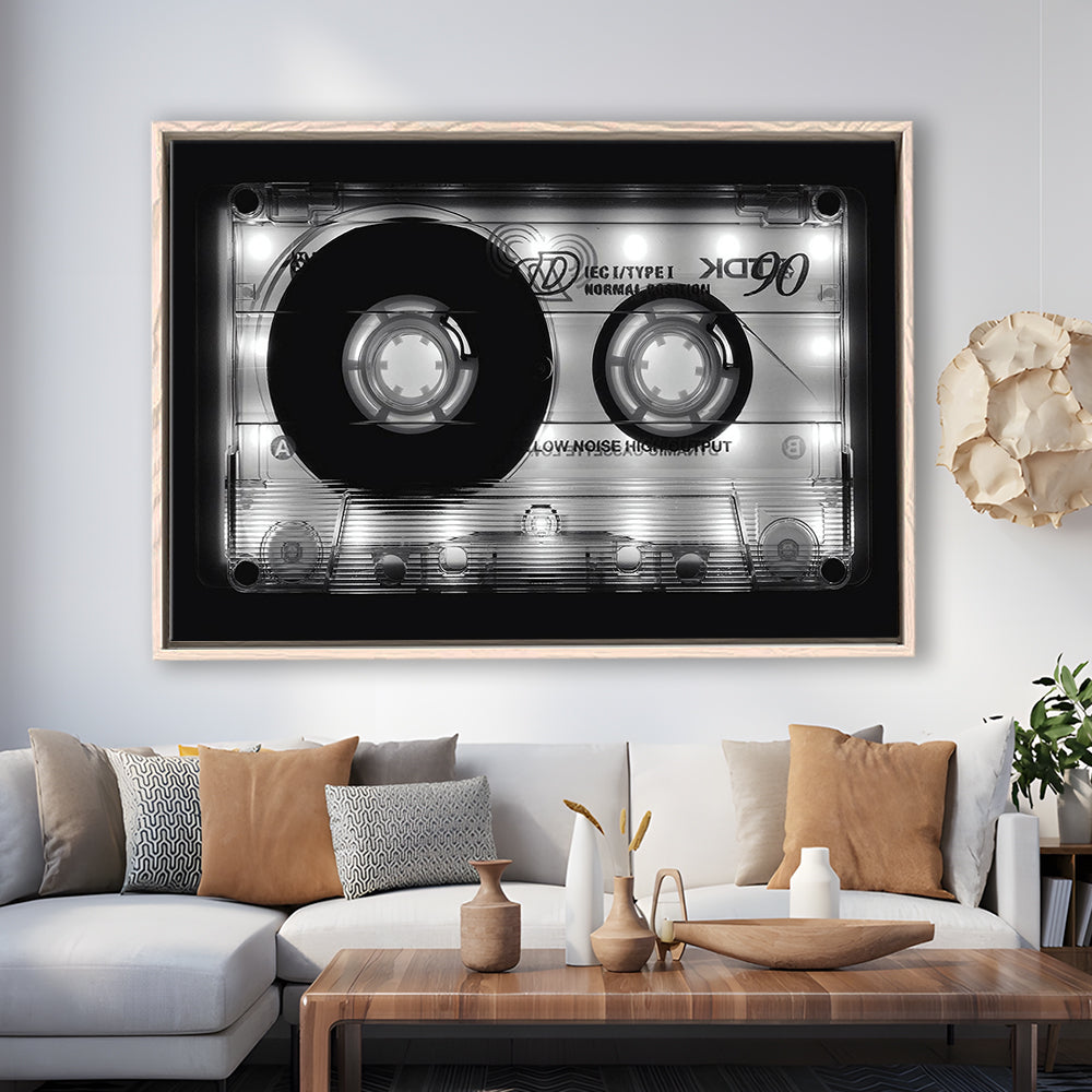 Shining Audio Cassette Canvas Print,Monochromatic Music Wall Decor,Black And White, Framed Cavas Print, Floating Frame