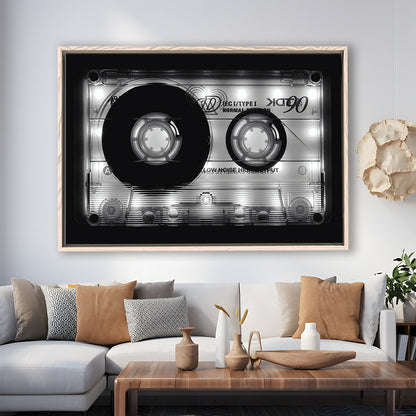 Shining Audio Cassette Canvas Print,Monochromatic Music Wall Decor,Black And White, Framed Cavas Print, Floating Frame