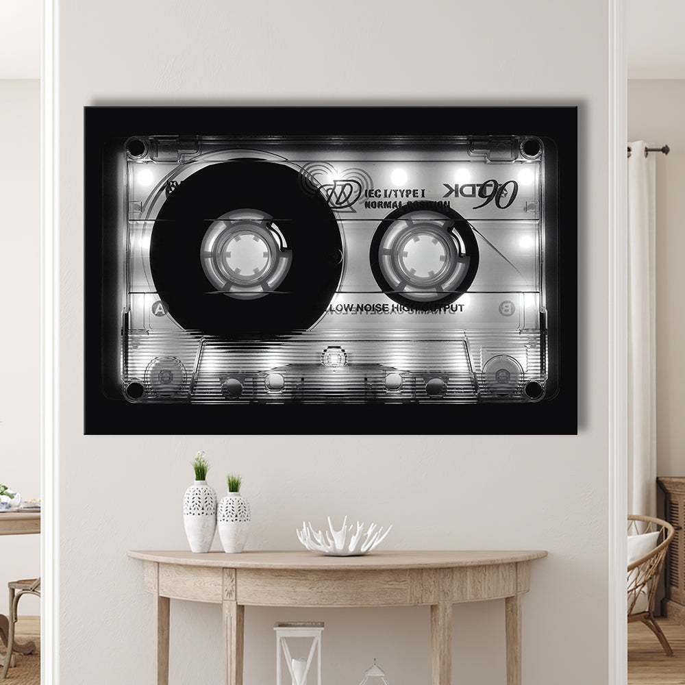 Shining Audio Cassette Canvas Print,Monochromatic Music Wall Decor,Black and White Art, Cavas Print Wall Art Hom Decor