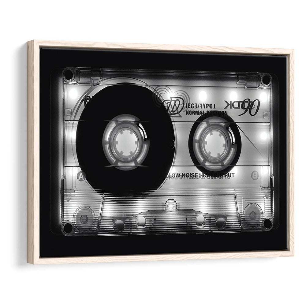 Shining Audio Cassette Canvas Print,Monochromatic Music Wall Decor,Black And White, Framed Cavas Print, Floating Frame