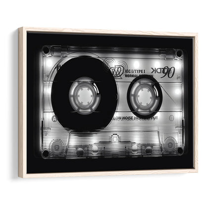 Shining Audio Cassette Canvas Print,Monochromatic Music Wall Decor,Black And White, Framed Cavas Print, Floating Frame
