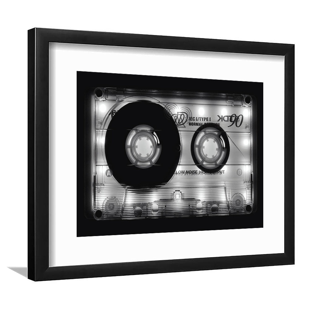 Shining Audio Cassette Art Print,Monochromatic Music Wall Decor,Black And White Art, Framed Art Print White Border