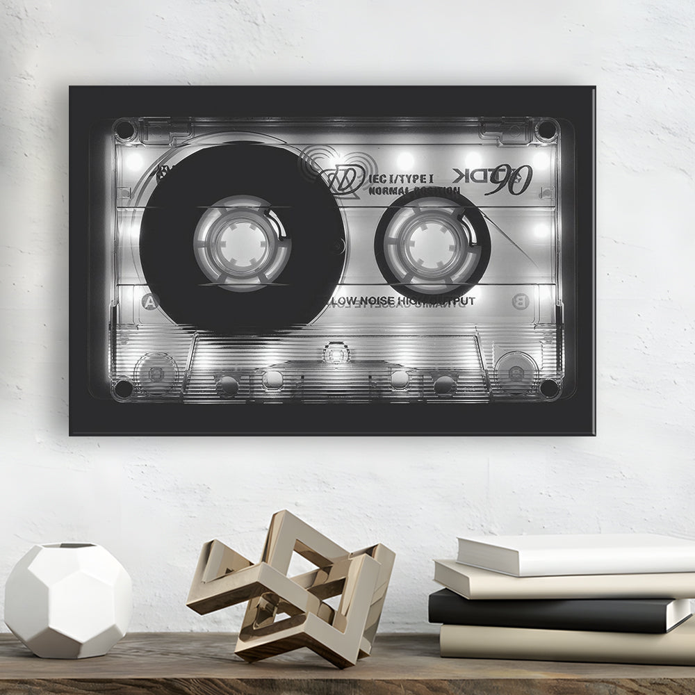 Shining Audio Cassette Canvas Print,Monochromatic Music Wall Decor,Black and White Art, Cavas Print Wall Art Hom Decor