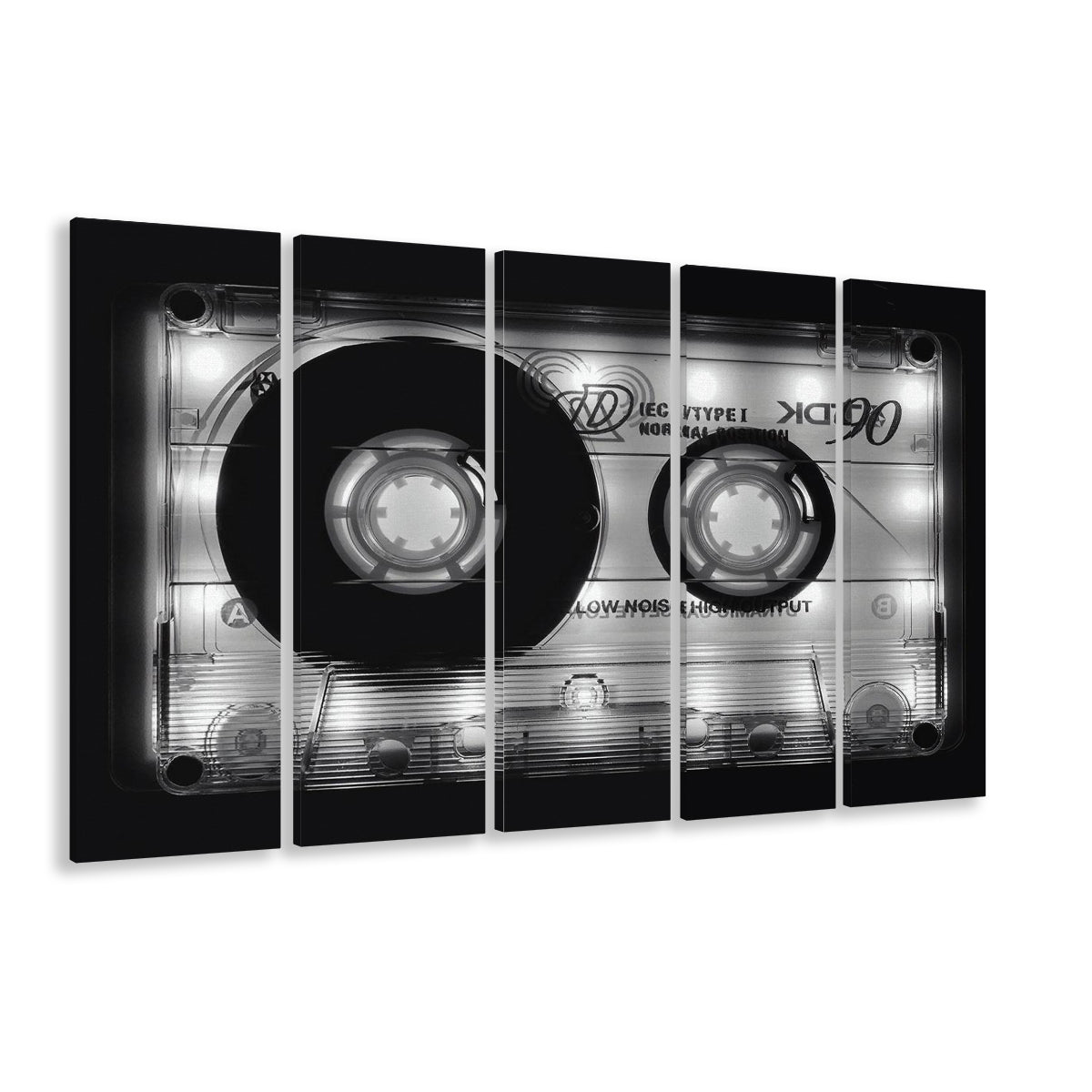Shining Audio Cassette Canvas Print,Music Wall Decor,Black and White, 5 Piece B Extra Large Cavas Print Wall Art Decor