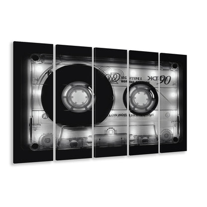 Shining Audio Cassette Canvas Print,Music Wall Decor,Black and White, 5 Piece B Extra Large Cavas Print Wall Art Decor