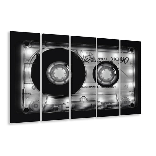 Shining Audio Cassette Canvas Print,Music Wall Decor,Black and White, 5 Piece B Extra Large Cavas Print Wall Art Decor