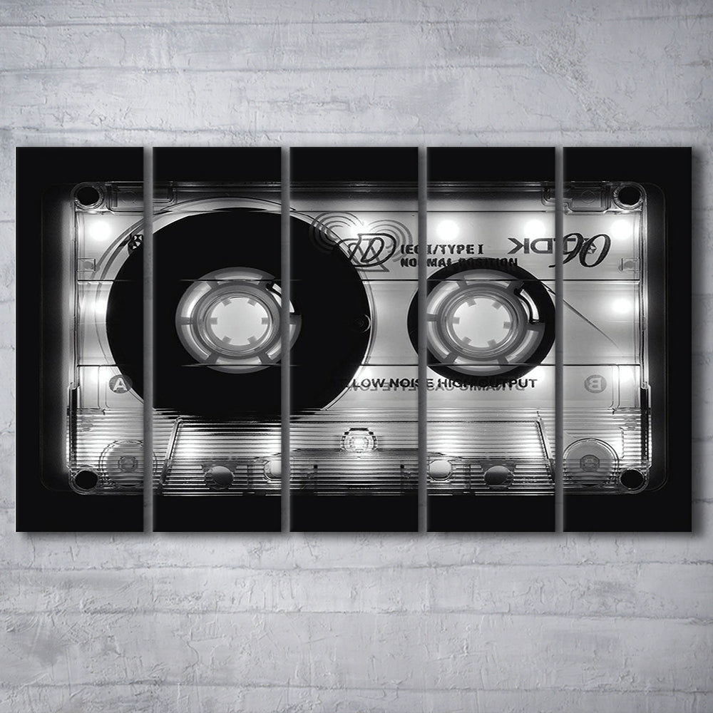 Shining Audio Cassette Canvas Print,Music Wall Decor,Black and White, 5 Piece B Extra Large Cavas Print Wall Art Decor