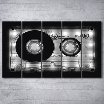 Shining Audio Cassette Canvas Print,Music Wall Decor,Black and White, 5 Piece B Extra Large Cavas Print Wall Art Decor