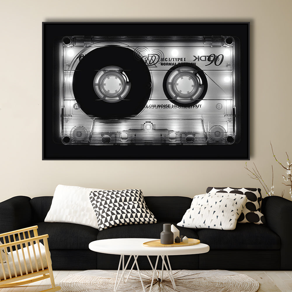 Shining Audio Cassette Canvas Print,Monochromatic Music Wall Decor,Black And White, Framed Cavas Print, Floating Frame