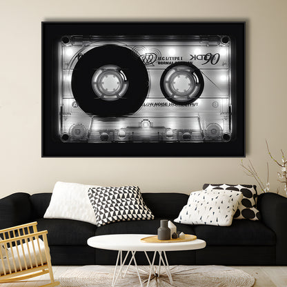 Shining Audio Cassette Canvas Print,Monochromatic Music Wall Decor,Black And White, Framed Cavas Print, Floating Frame
