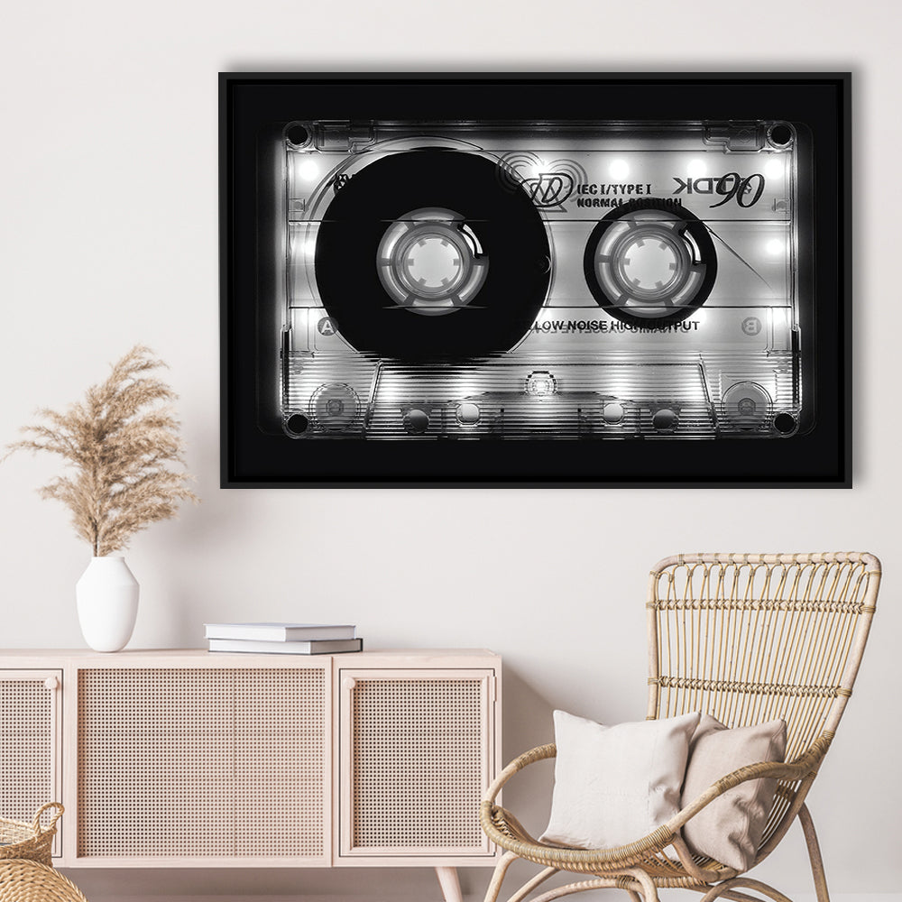 Shining Audio Cassette Canvas Print,Monochromatic Music Wall Decor,Black And White, Framed Cavas Print, Floating Frame