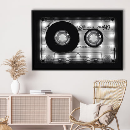 Shining Audio Cassette Canvas Print,Monochromatic Music Wall Decor,Black And White, Framed Cavas Print, Floating Frame