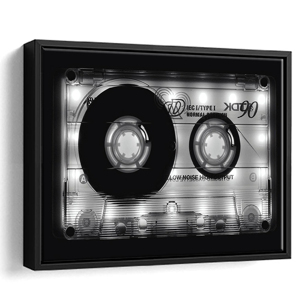 Shining Audio Cassette Canvas Print,Monochromatic Music Wall Decor,Black And White, Framed Cavas Print, Floating Frame