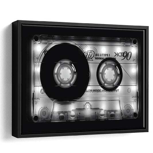 Shining Audio Cassette Canvas Print,Monochromatic Music Wall Decor,Black And White, Framed Cavas Print, Floating Frame