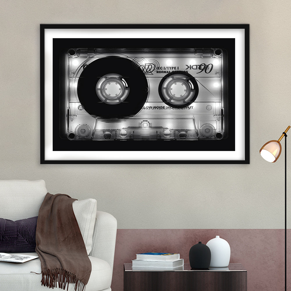 Shining Audio Cassette Art Print,Monochromatic Music Wall Decor,Black And White Art, Framed Art Print White Border
