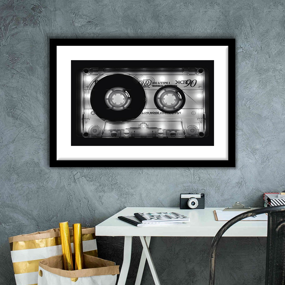 Shining Audio Cassette Art Print,Monochromatic Music Wall Decor,Black And White Art, Framed Art Print White Border