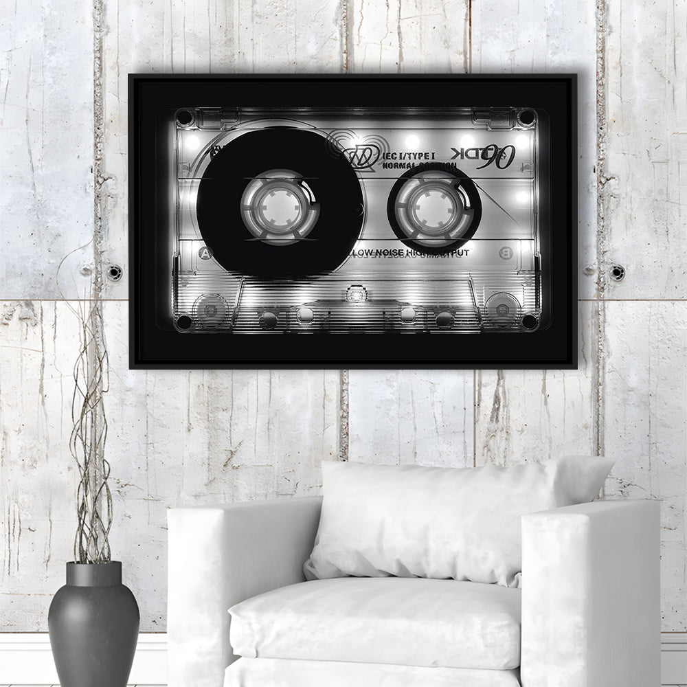 Shining Audio Cassette Canvas Print,Monochromatic Music Wall Decor,Black And White, Framed Cavas Print, Floating Frame