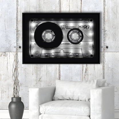 Shining Audio Cassette Canvas Print,Monochromatic Music Wall Decor,Black And White, Framed Cavas Print, Floating Frame