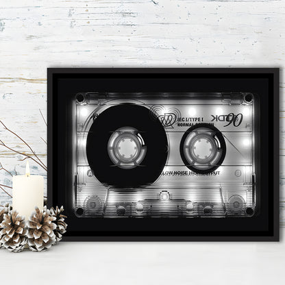 Shining Audio Cassette Canvas Print,Monochromatic Music Wall Decor,Black And White, Framed Cavas Print, Floating Frame