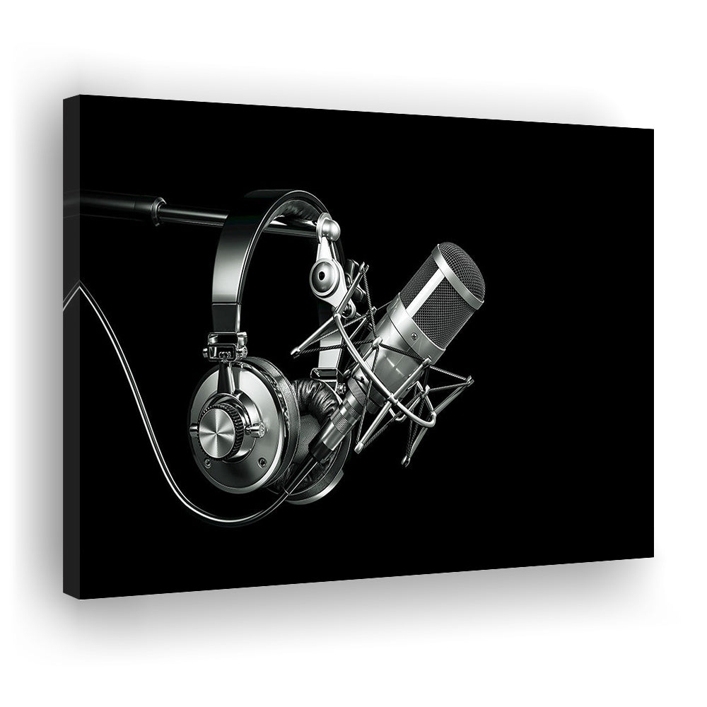 Silver Microphone and Headphones on a Black Background, Studio Microphone Canvas Print, Cavas Print Wall Art Hom Decor