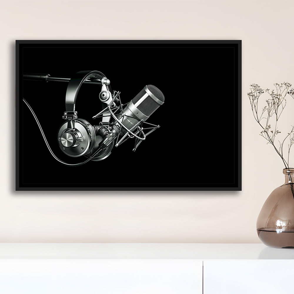 Silver Microphone And Headphones On A Black Background, Studio Microphone, Framed Cavas Print, Floating Frame