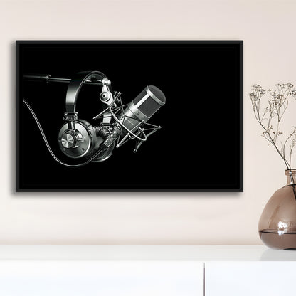 Silver Microphone And Headphones On A Black Background, Studio Microphone, Framed Cavas Print, Floating Frame