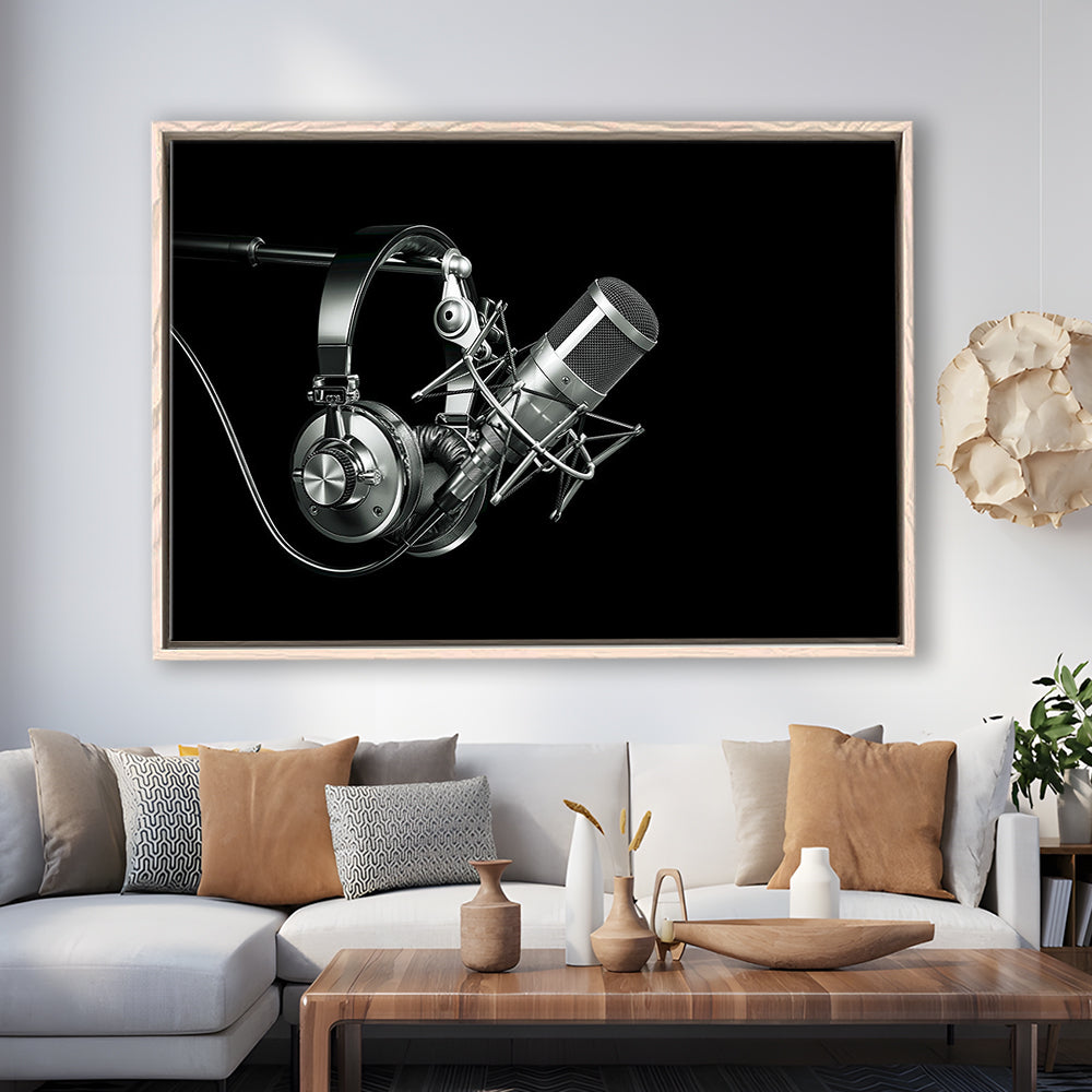 Silver Microphone And Headphones On A Black Background, Studio Microphone, Framed Cavas Print, Floating Frame