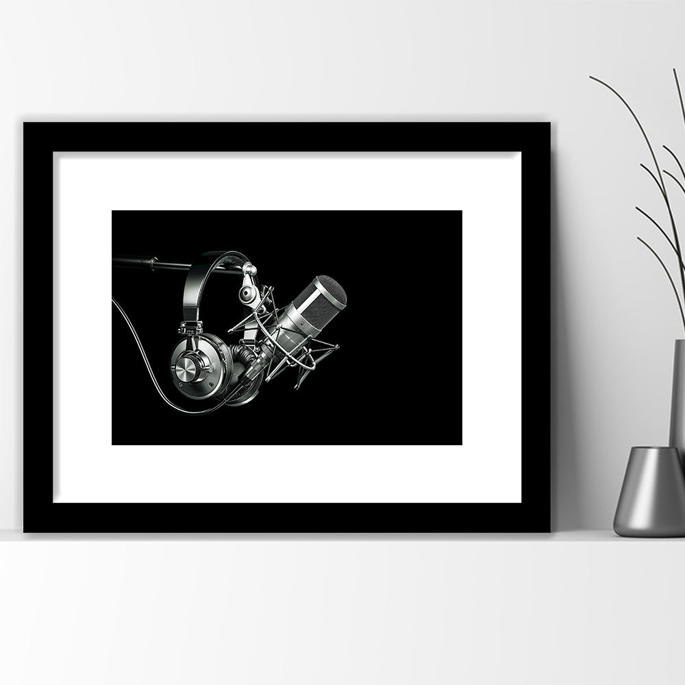 Silver Microphone And Headphones On A Black Background, Studio Microphone Art Print, Framed Art Print White Border