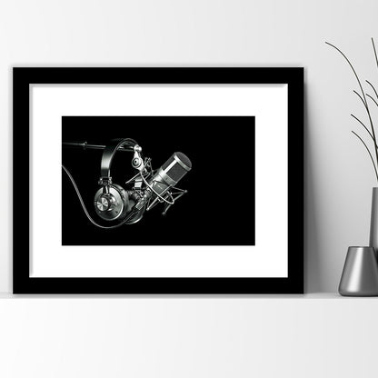 Silver Microphone And Headphones On A Black Background, Studio Microphone Art Print, Framed Art Print White Border
