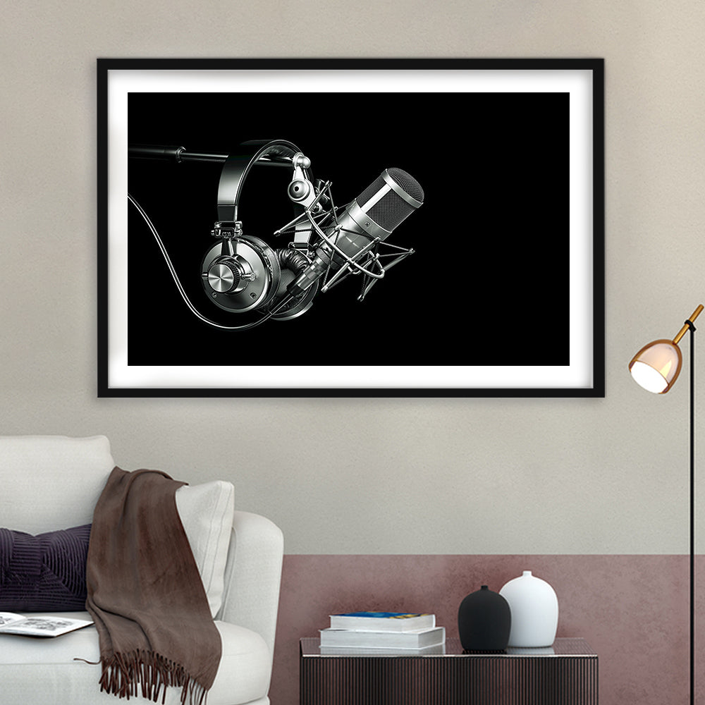 Silver Microphone And Headphones On A Black Background, Studio Microphone Art Print, Framed Art Print White Border