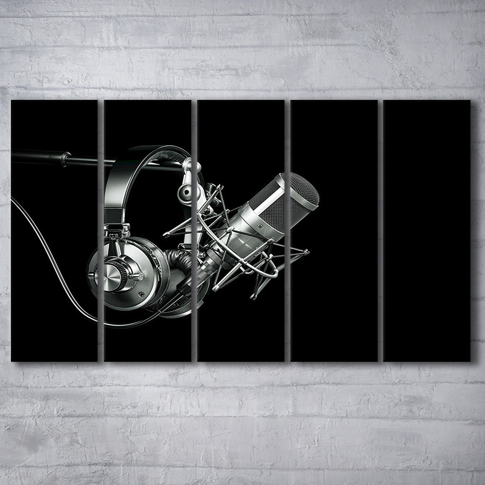 Silver Microphone and Headphones on a Black Background, Studio Microphone, 5 Piece B Extra Large Cavas Print Wall Art