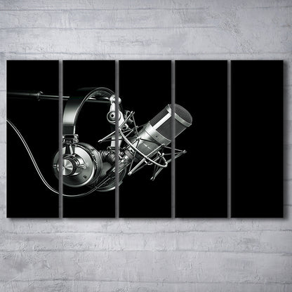 Silver Microphone and Headphones on a Black Background, Studio Microphone, 5 Piece B Extra Large Cavas Print Wall Art