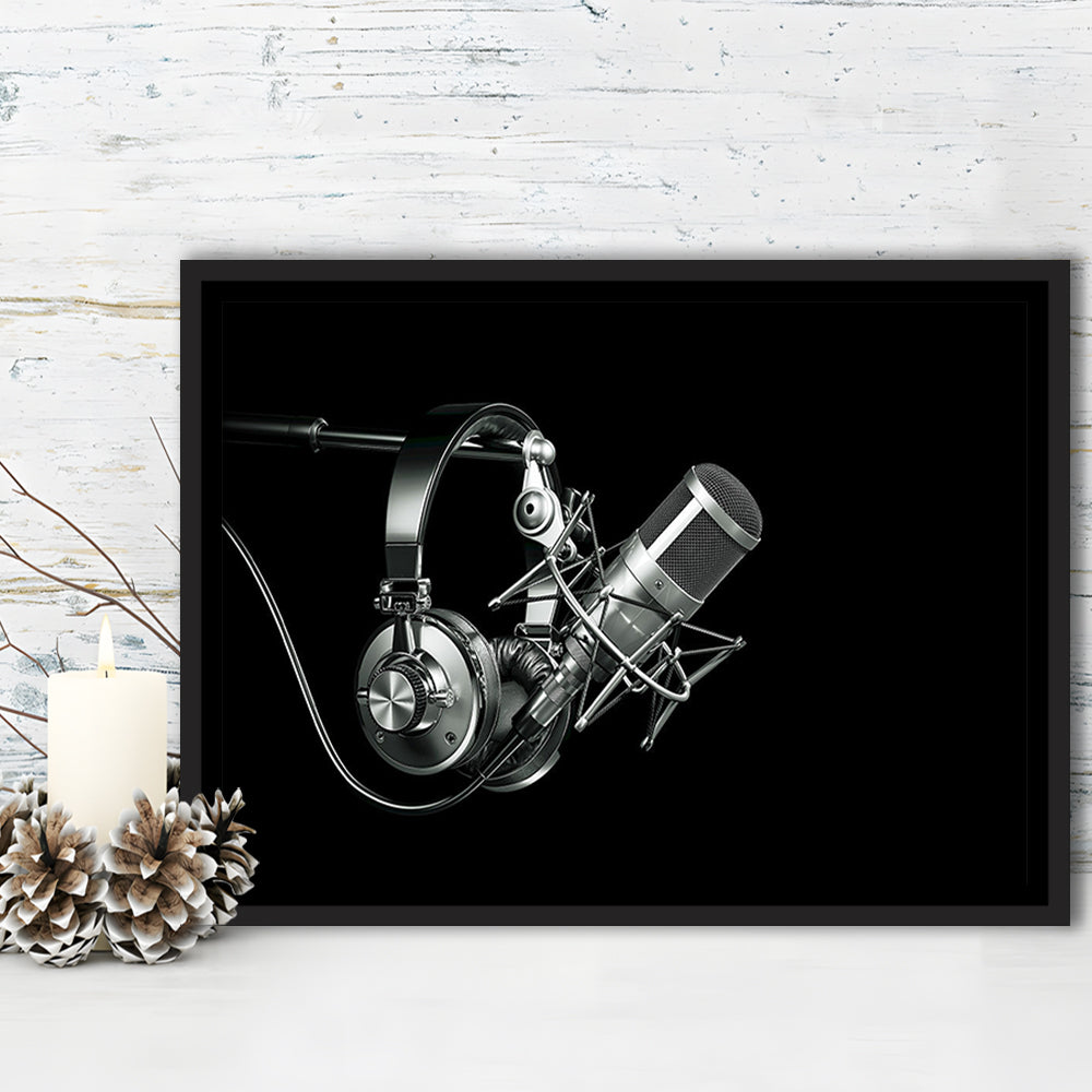 Silver Microphone And Headphones On A Black Background, Studio Microphone, Framed Cavas Print, Floating Frame