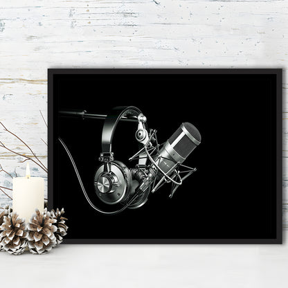 Silver Microphone And Headphones On A Black Background, Studio Microphone, Framed Cavas Print, Floating Frame