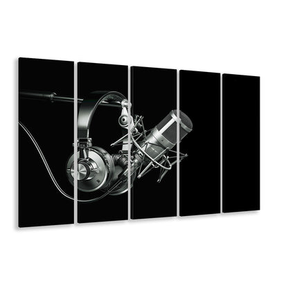 Silver Microphone and Headphones on a Black Background, Studio Microphone, 5 Piece B Extra Large Cavas Print Wall Art
