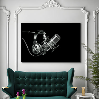 Silver Microphone And Headphones On A Black Background, Studio Microphone Art Prints, Framed Art Print, Picture Framed