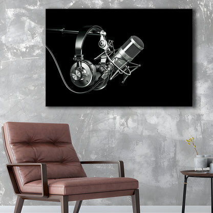 Silver Microphone and Headphones on a Black Background, Studio Microphone Canvas Print, Cavas Print Wall Art Hom Decor