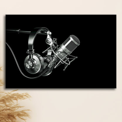 Silver Microphone and Headphones on a Black Background, Studio Microphone Canvas Print, Cavas Print Wall Art Hom Decor
