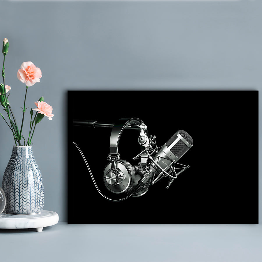 Silver Microphone And Headphones On A Black Background, Studio Microphone Art Prints, Framed Art Print, Picture Framed